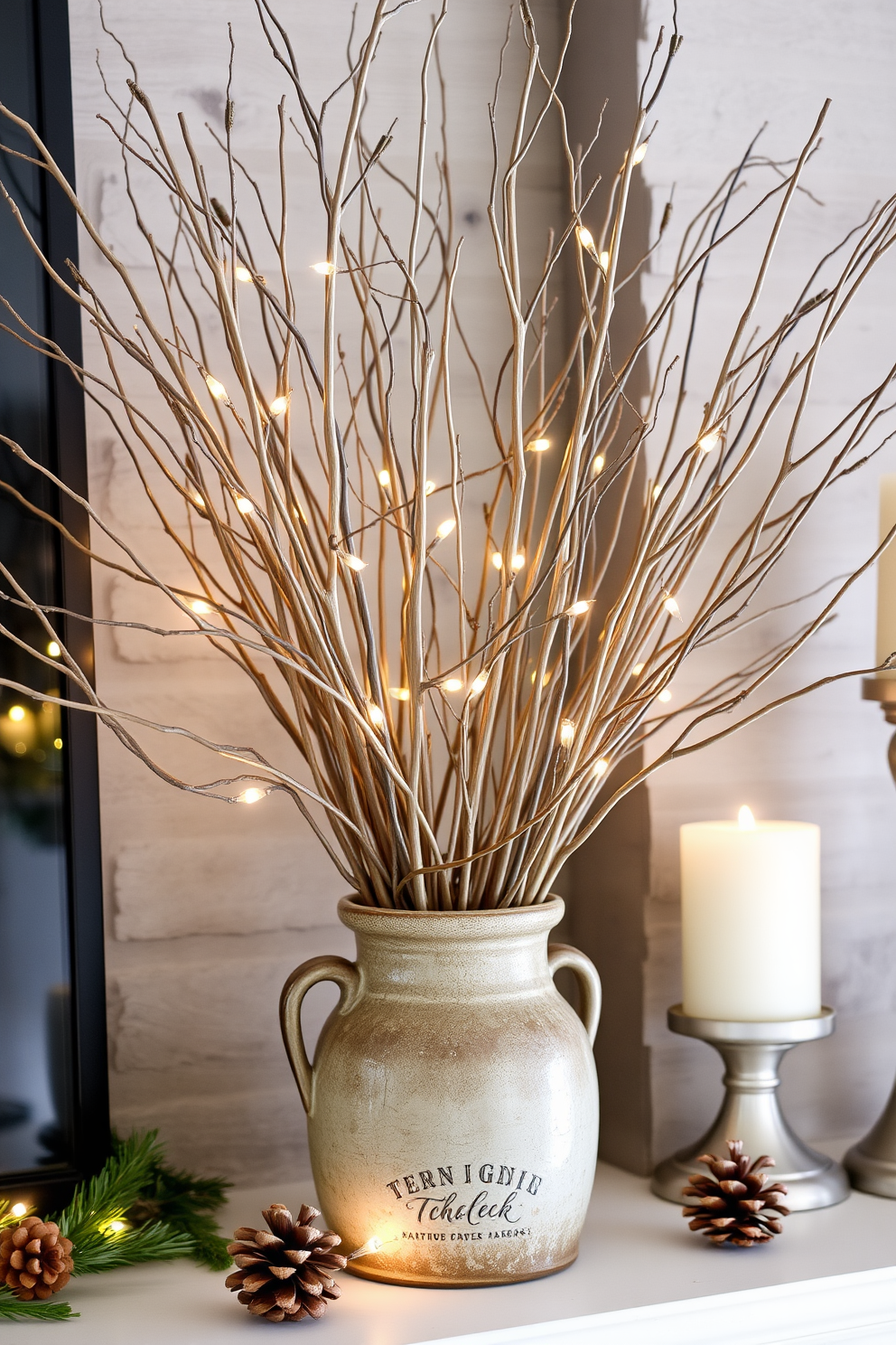 A cozy winter mantel adorned with natural twigs arranged in a rustic vase. The twigs are complemented by soft white fairy lights and a few pinecones scattered around for a touch of nature.