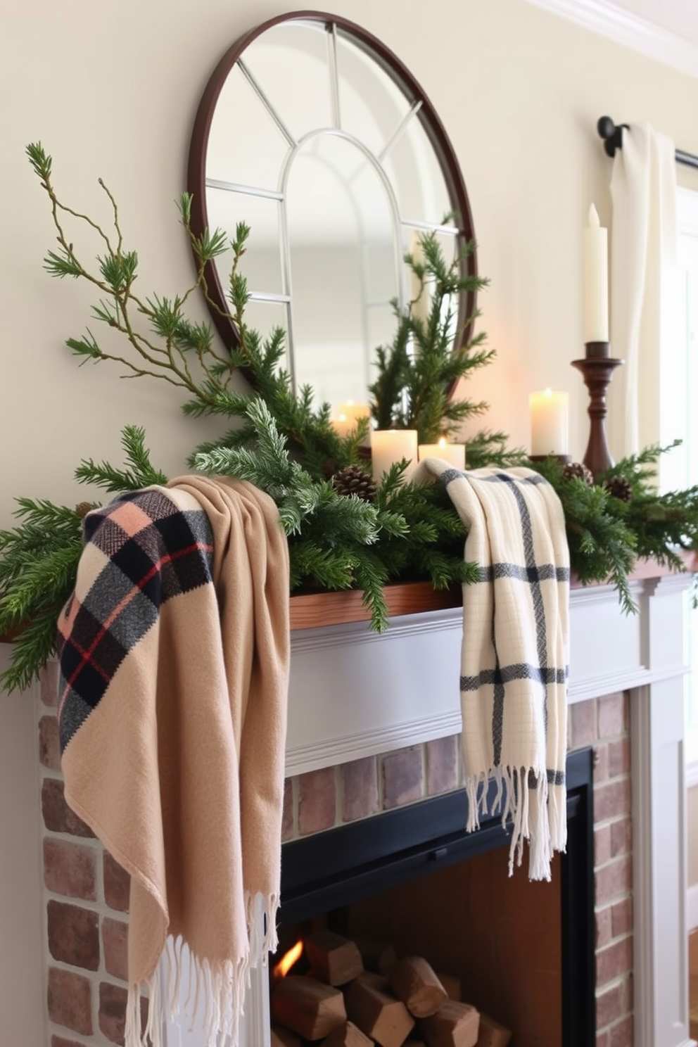 A cozy winter mantel decorated with muted plaid throws draped elegantly across the edge. The mantel features a mix of natural elements like pinecones and greenery, complemented by warm candlelight for a welcoming ambiance.