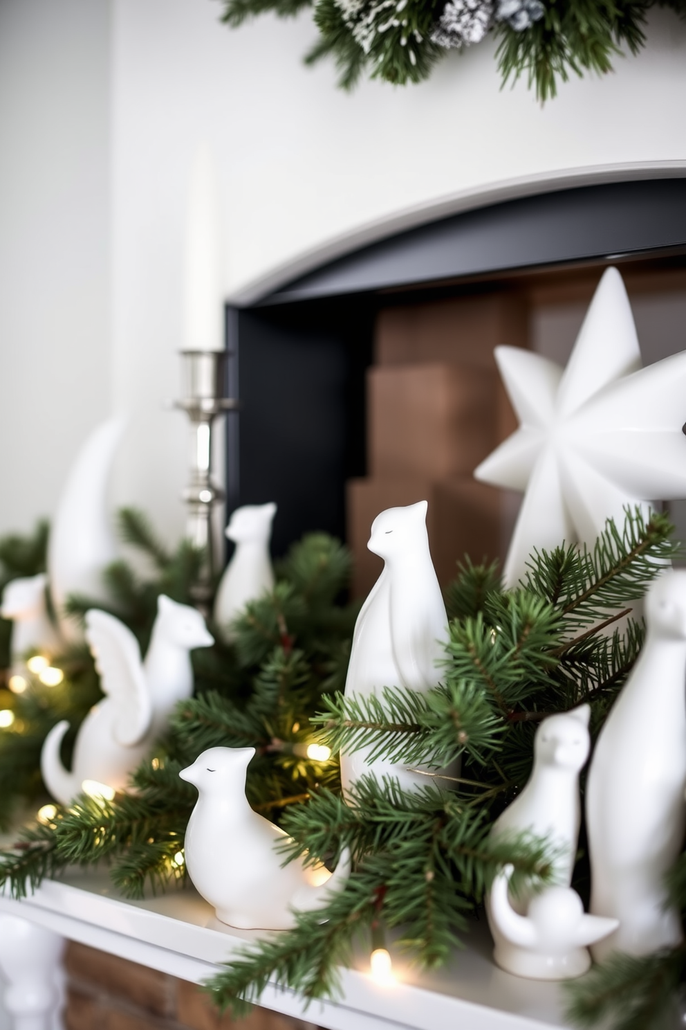 A winter mantel adorned with white ceramic figurines creates a clean and elegant atmosphere. The figurines are arranged thoughtfully among evergreen branches and soft white lights, enhancing the seasonal charm.