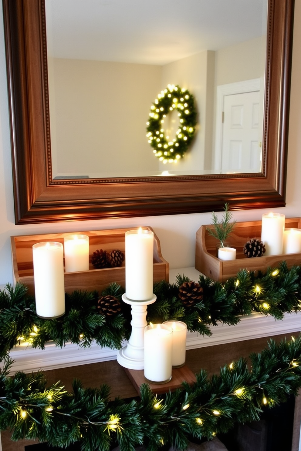 Wooden trays are arranged on a stylish winter mantel, showcasing an array of seasonal decor elements. The trays hold candles, pinecones, and small evergreen branches, creating a cozy and inviting atmosphere. The mantel is adorned with a garland of fresh greenery, intertwined with twinkling fairy lights. Above the mantel, a large framed mirror reflects the warm glow of the decorations, enhancing the overall aesthetic.