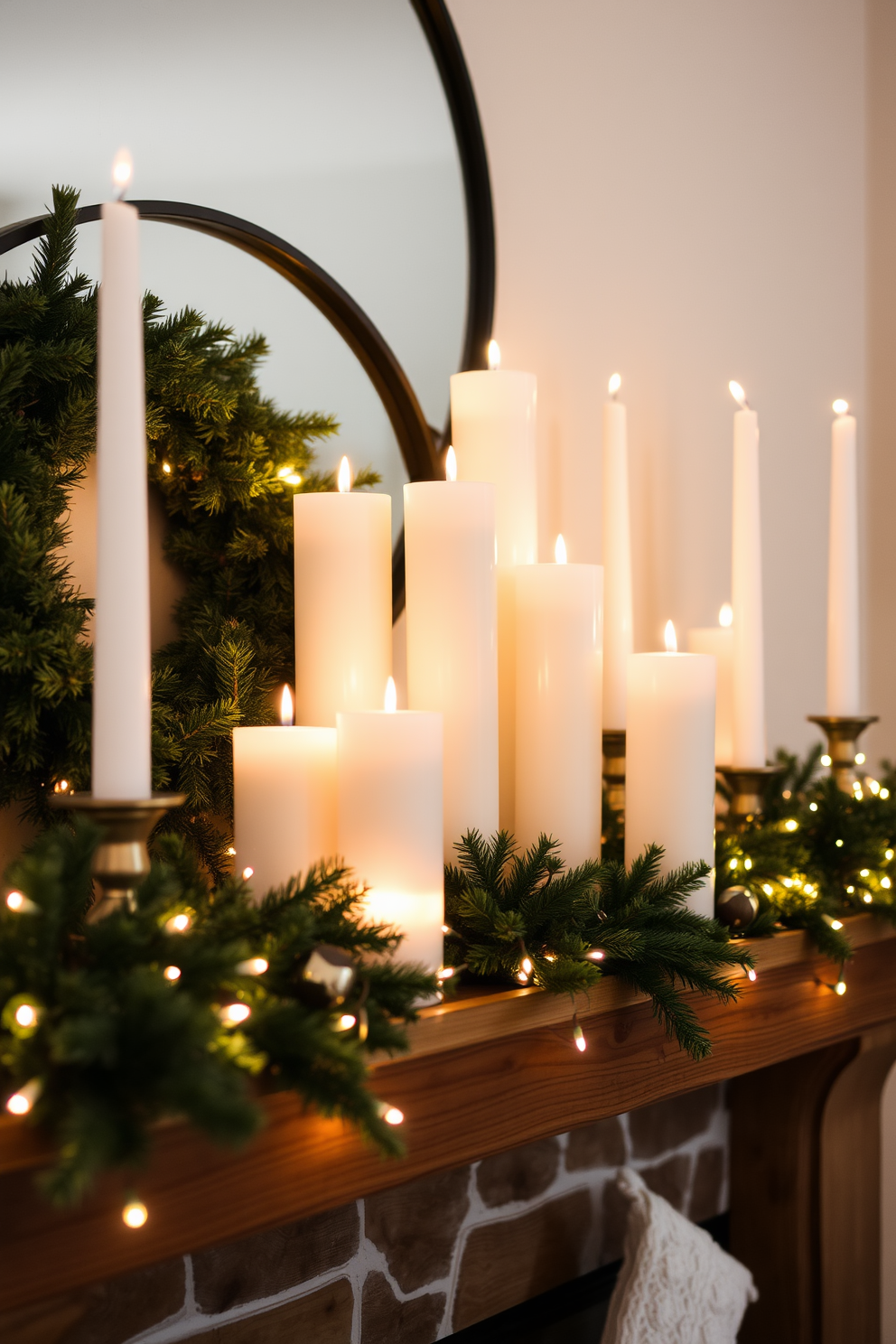 A cozy winter mantel adorned with white candles of varying heights creates a warm and inviting atmosphere. The candles are arranged artfully on a rustic wooden mantel, surrounded by evergreen garlands and twinkling fairy lights.