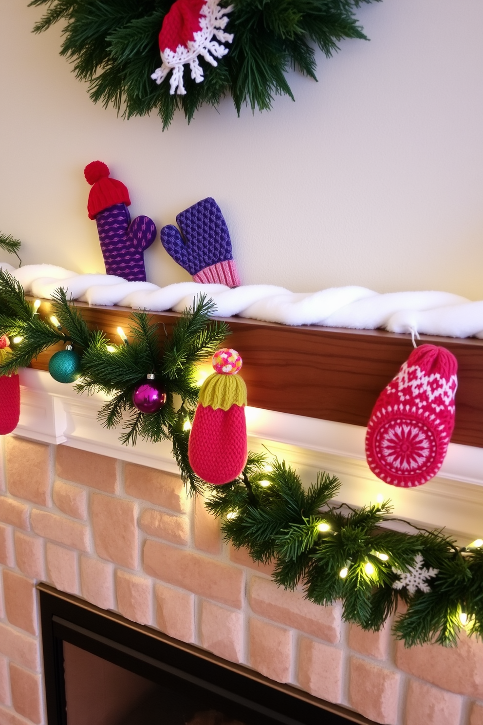 A cozy winter mantel adorned with colorful mittens and hats as accents. The mantel features a rustic wooden beam, decorated with twinkling fairy lights and evergreen garlands.