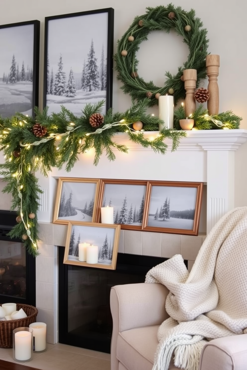 A cozy living room adorned with seasonal artwork featuring winter scenes. The mantel is elegantly decorated with a garland of evergreen branches, soft white lights, and a collection of rustic wooden ornaments. On the mantel, a selection of framed winter landscape paintings is arranged alongside a few decorative candles in varying heights. A plush throw blanket drapes over the arm of a nearby chair, inviting warmth and comfort to the space.