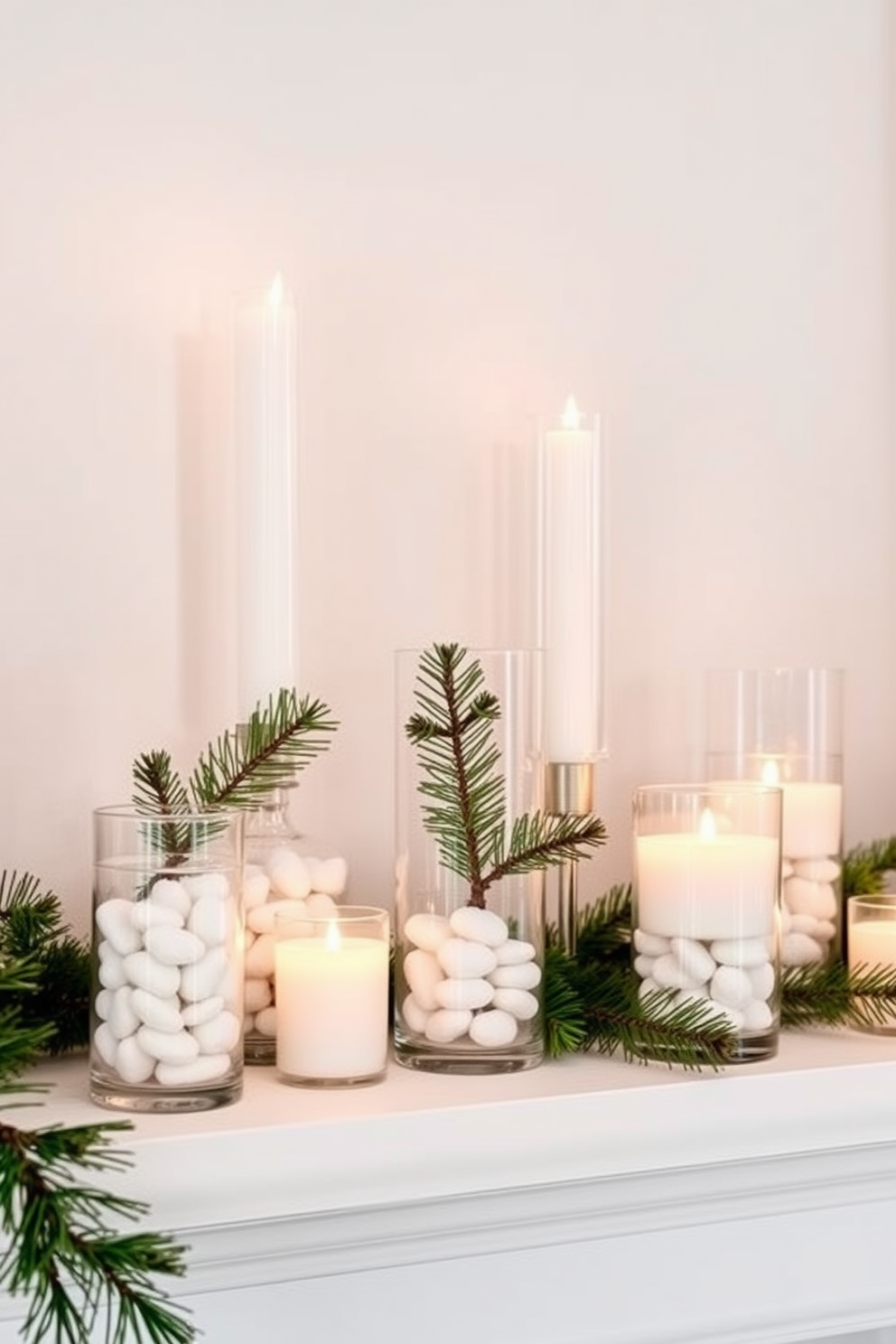 Clear glass vases filled with white stones create a serene and minimalist winter mantel display. The vases are arranged in varying heights to add visual interest, complemented by soft white candles and evergreen sprigs for a touch of nature.