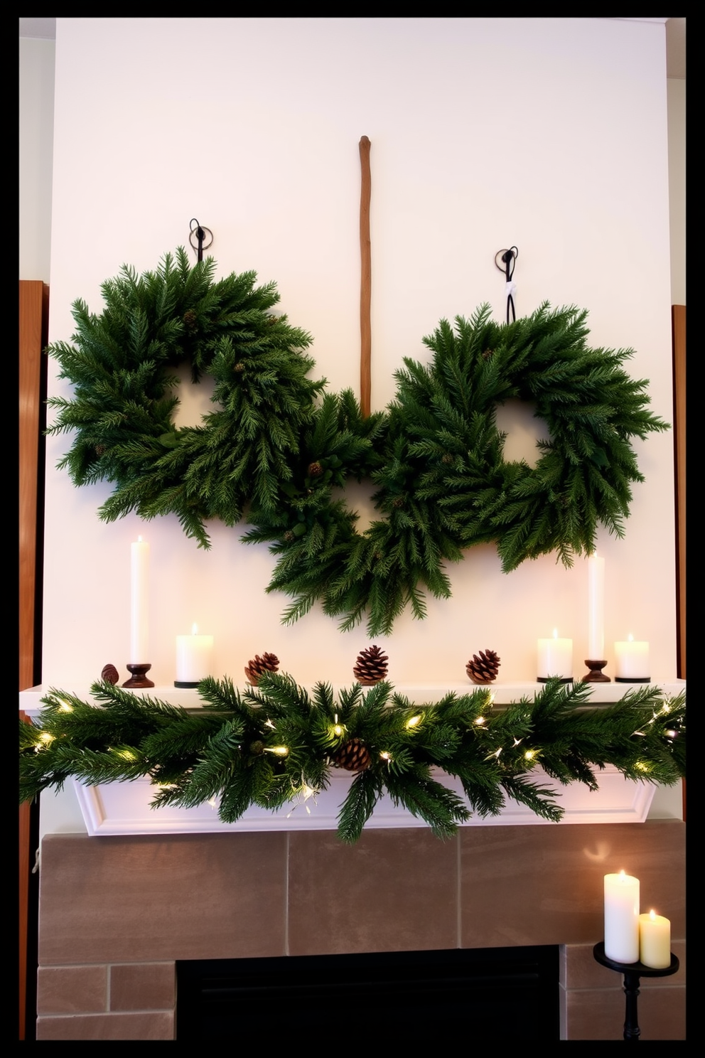 A winter mantel adorned with colorful knitted stockings creates a warm and inviting atmosphere. The stockings are hung in a staggered arrangement, showcasing various patterns and vibrant colors that evoke a sense of coziness. Above the mantel, a garland of evergreen branches adds a natural touch, intertwined with twinkling fairy lights. To complete the look, a few decorative candles in varying heights are placed on the mantel, casting a soft glow that enhances the festive ambiance.