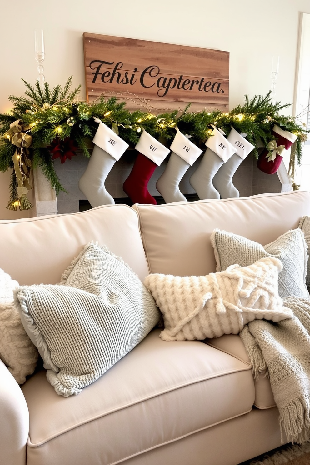 Textured pillows in various shades of cream and soft gray are arranged on a plush, oversized sofa, inviting warmth and comfort into the living space. The pillows feature intricate patterns and varying fabrics, adding depth and a cozy touch to the overall aesthetic. A beautifully decorated winter mantel showcases a mix of natural elements and seasonal decor, including evergreen sprigs and twinkling fairy lights. Stockings in rich, festive colors hang gracefully, while a statement piece, such as a rustic wooden sign, adds character and charm to the arrangement.