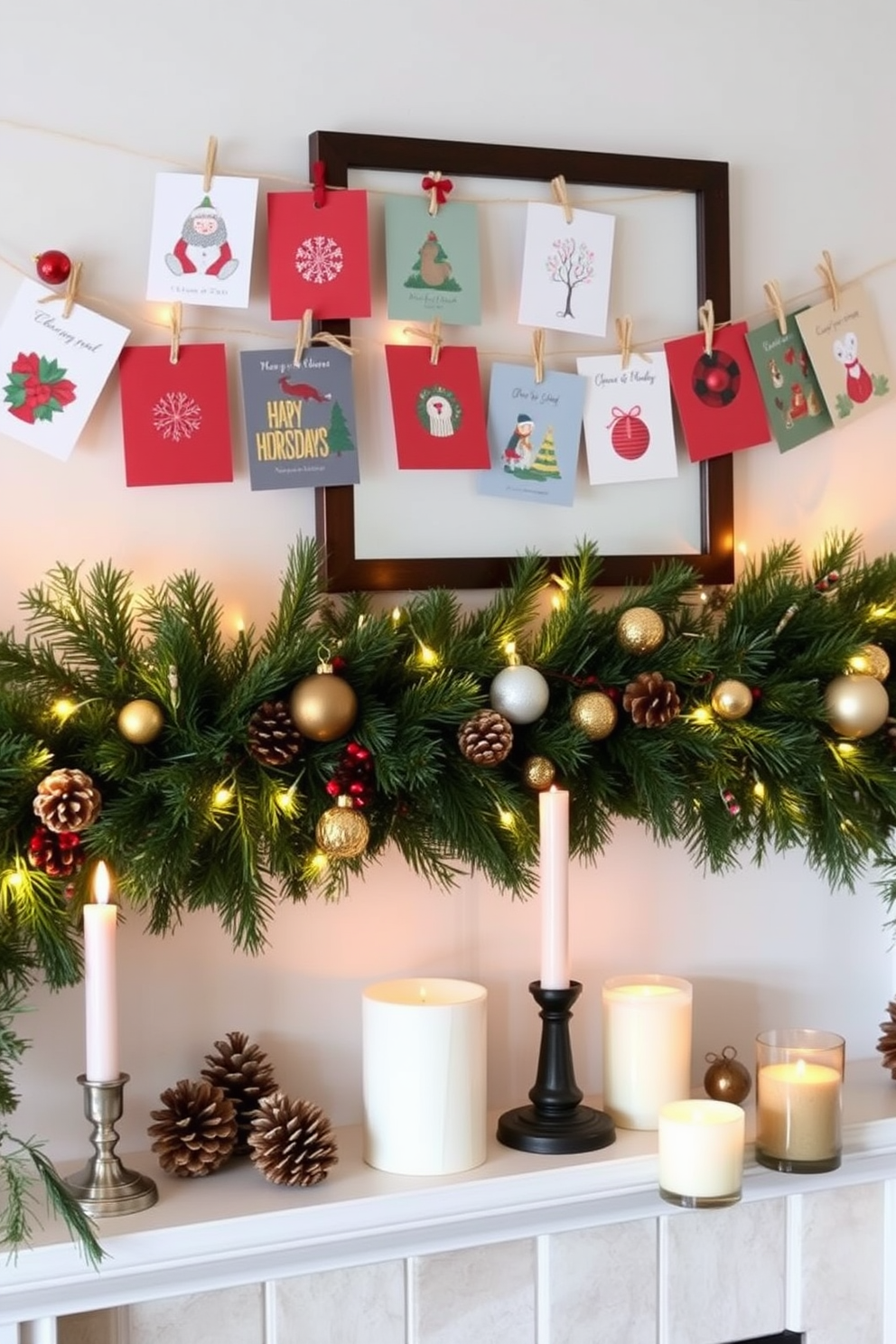 Charming holiday cards displayed creatively. A collection of colorful cards hangs from twine across the mantel, interspersed with festive ornaments and twinkling fairy lights. Winter Mantel Decorating Ideas. The mantel is adorned with evergreen garlands, pine cones, and candles of varying heights, creating a cozy and inviting atmosphere.