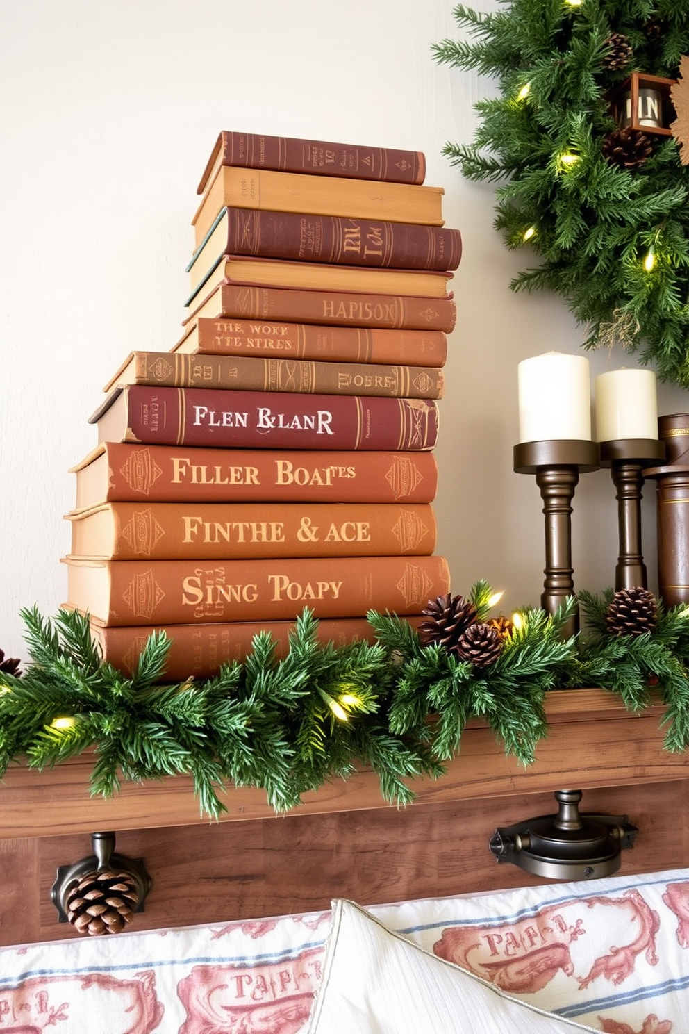 Create a cozy winter mantel adorned with whimsical snowflake decorations that hang gracefully above. The mantel features a rustic wooden beam, complemented by soft white candles and a garland of pine and frosted berries.