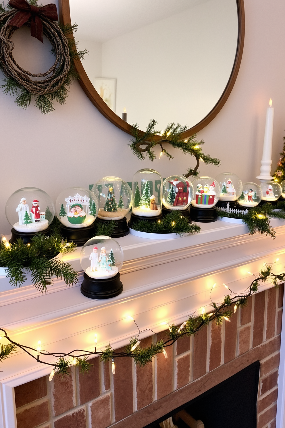 A whimsical winter mantel adorned with a collection of snow globes, each showcasing a different nostalgic scene from childhood. The mantel is draped with twinkling fairy lights and evergreen garlands, creating a cozy and enchanting atmosphere.