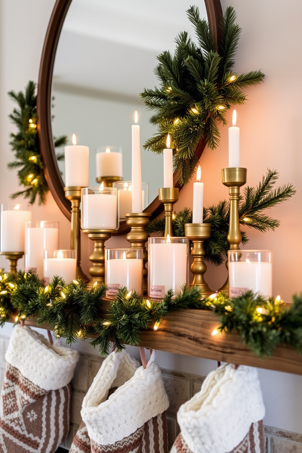 A cozy winter mantel adorned with an array of decorative candles in varying heights and sizes. The candles are arranged on a rustic wooden shelf, surrounded by evergreen garlands and twinkling fairy lights for a warm glow. Seasonal scents fill the air as the candles emit fragrances of pine and cinnamon. Plush stockings hang from the mantel, adding a touch of festive charm to the inviting winter display.