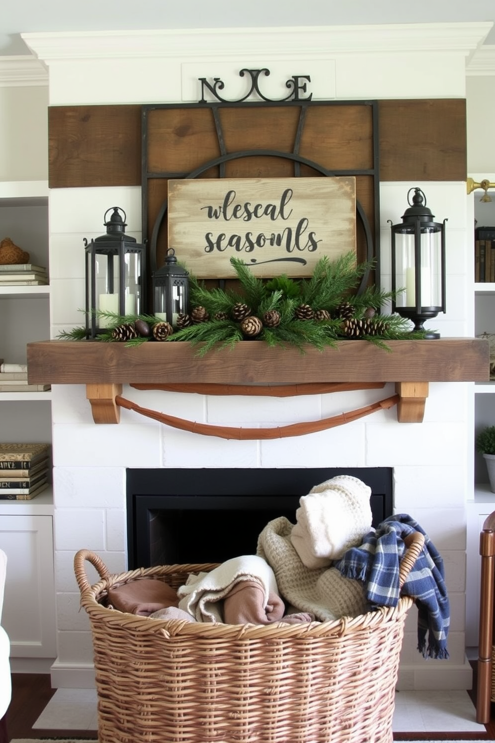 A cozy farmhouse living room features a rustic mantel adorned with metal accents. The mantel is decorated with a collection of vintage lanterns, pinecones, and evergreen branches, creating a warm winter atmosphere. On the mantel, a large, weathered wooden sign with a seasonal greeting adds charm. Below, a woven basket filled with cozy blankets complements the rustic theme, inviting warmth and comfort.