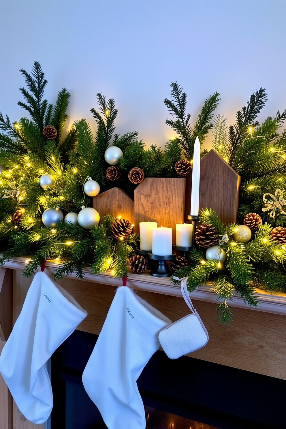 A cozy winter mantel adorned with fresh evergreen branches and twinkling fairy lights creates a warm atmosphere. The branches are artfully arranged alongside rustic wooden accents and seasonal ornaments for a festive touch. A collection of pinecones and candles in varying heights adds texture and depth to the display. Soft white stockings hang from the mantel, completing the inviting winter scene.