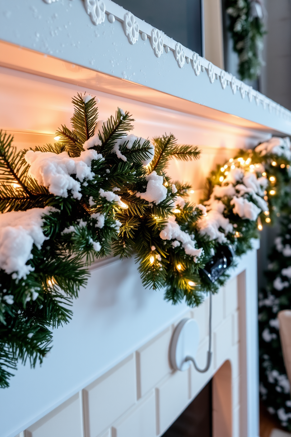 A cozy winter mantel adorned with faux snow delicately sprinkled across the surfaces. The mantel features a mix of evergreen garlands and twinkling fairy lights intertwined for a warm glow.