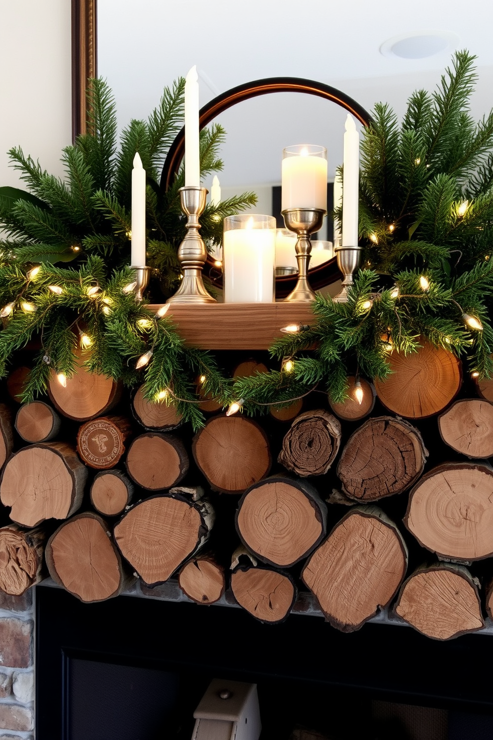 A cozy winter mantel adorned with rustic wooden logs stacked decoratively. The logs vary in size and texture, creating an inviting natural display that complements the warm ambiance of the room. Draped over the logs are evergreen branches and twinkling fairy lights, adding a festive touch to the scene. A few carefully placed candles in varying heights complete the look, casting a soft glow and enhancing the winter charm.