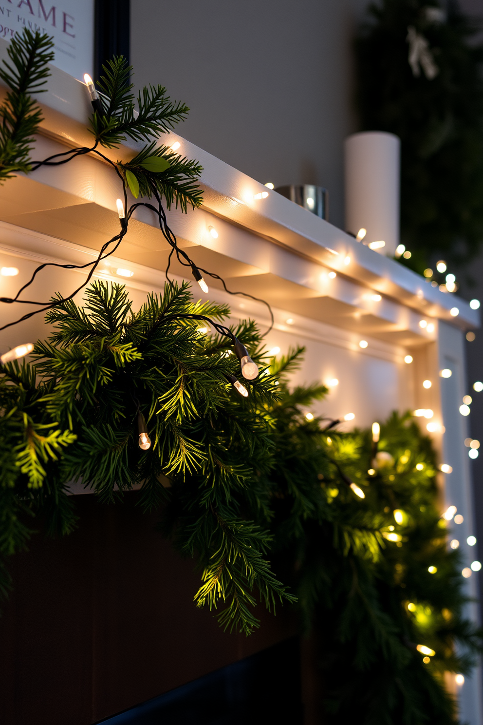 A cozy winter mantel adorned with sparkling fairy lights intertwined with lush green garland. The lights twinkle softly, creating a warm ambiance, while the garland adds a touch of nature to the festive decor.