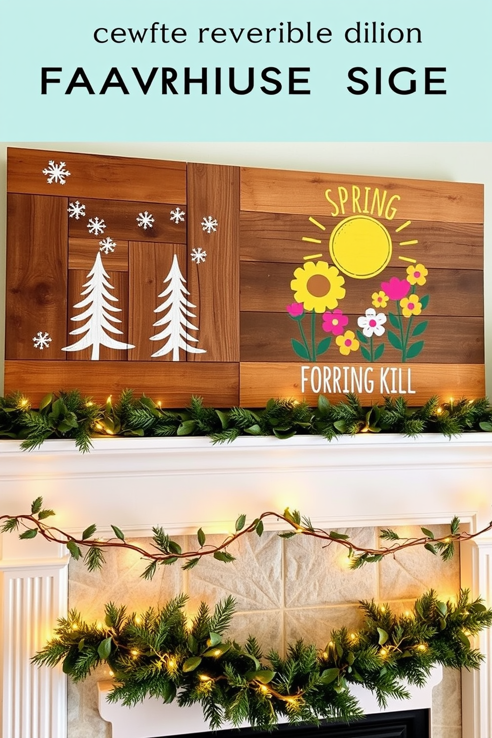 A reversible farmhouse sign adorned with seasonal motifs. One side features a cozy winter scene with snowflakes and pine trees, while the other displays vibrant flowers and sunshine for spring. The sign is crafted from reclaimed wood, giving it a rustic charm. It is placed above a beautifully decorated mantel, flanked by twinkling fairy lights and seasonal greenery.