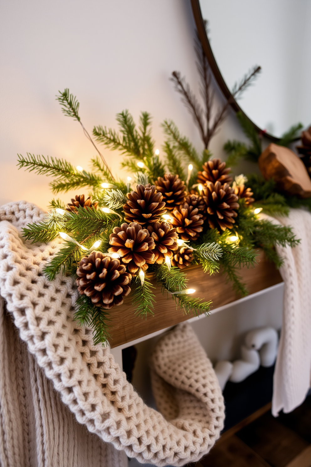 A cozy winter mantel adorned with pinecones and natural elements creates a warm and inviting atmosphere. The arrangement features clusters of pinecones nestled among sprigs of evergreen and delicate white fairy lights for a touch of sparkle. Soft textures like a chunky knit throw drape over one side of the mantel, adding comfort and warmth. A few rustic wooden accents, such as a small log or branch, enhance the natural feel of the decor.