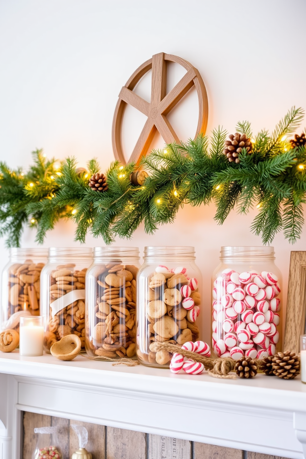 Neutral colored garlands draped elegantly across the mantel create a warm and inviting atmosphere. Twinkling lights interwoven within the garlands add a magical touch to the winter decor.