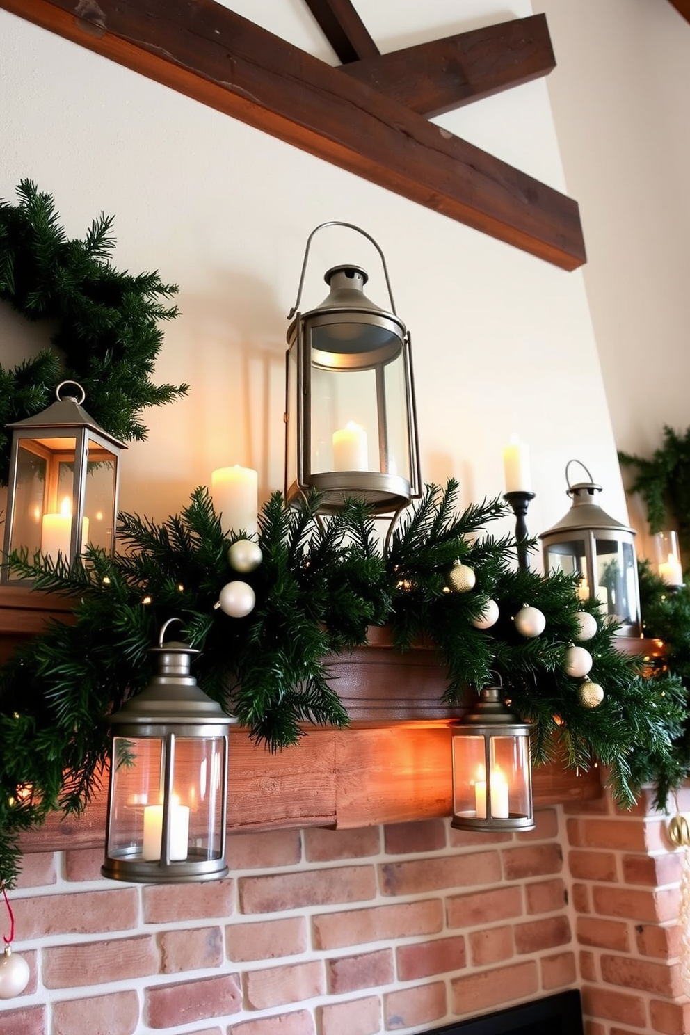 A cozy living room adorned with seasonal artwork showcasing serene winter landscapes. The walls are decorated with framed prints of snow-covered trees and tranquil winter scenes, creating a peaceful ambiance. Above the mantel, elegant winter decor enhances the festive spirit. A garland of evergreen branches drapes gracefully, complemented by twinkling fairy lights and a selection of decorative candles in varying heights.