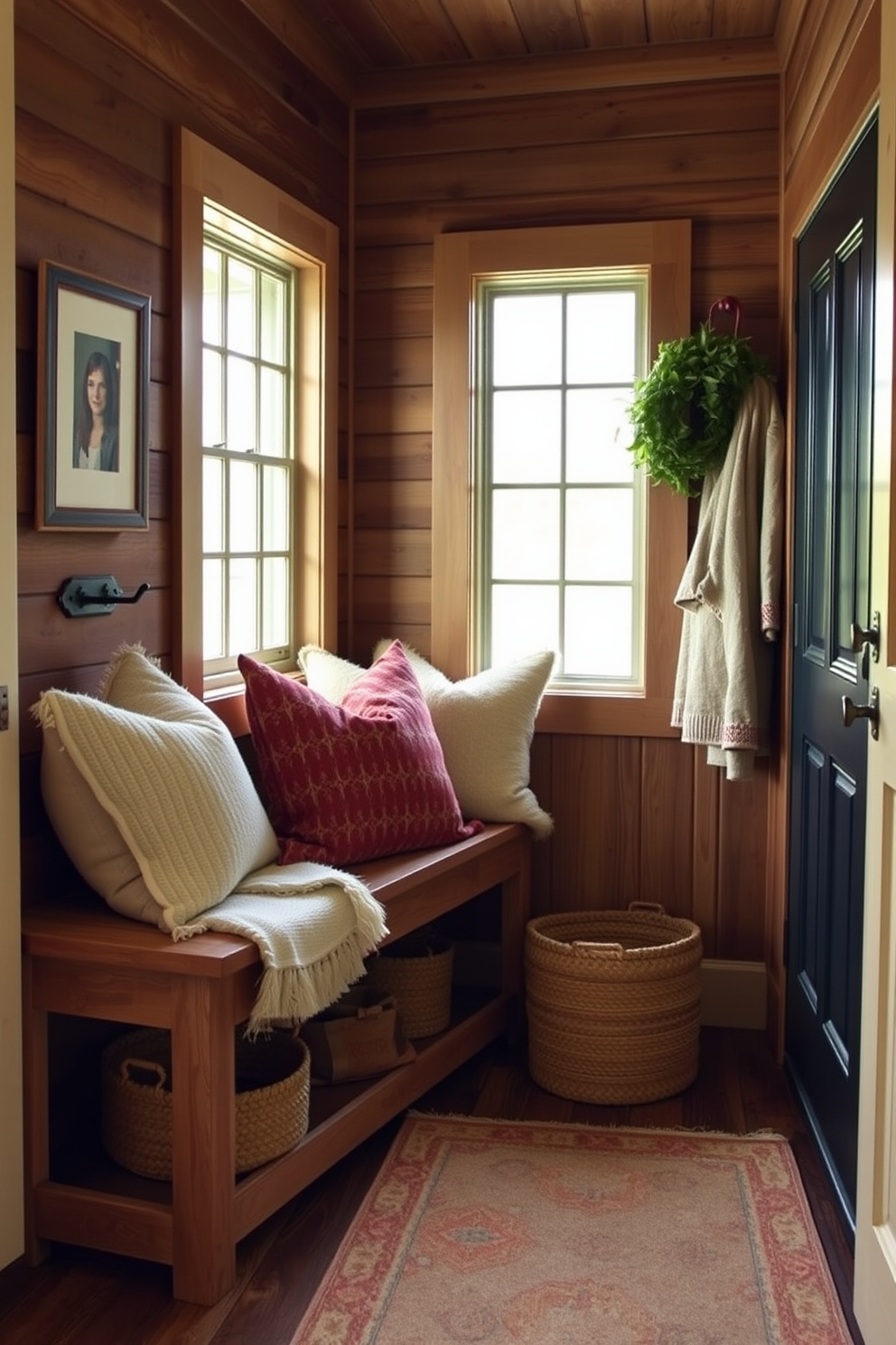 Cozy bench adorned with an array of warm throw pillows creates an inviting atmosphere. The mudroom features rustic wooden walls and a charming patterned rug that adds character.