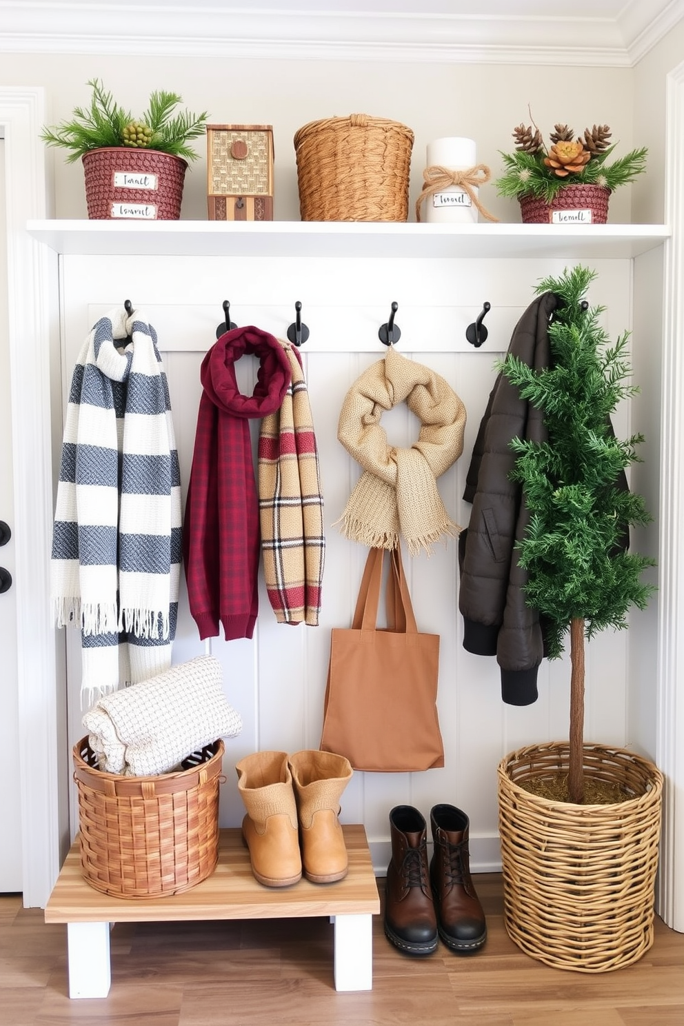 Create a cozy winter mudroom designed for family organization. Include personalized name tags for each family member's hooks, ensuring a warm and inviting atmosphere with seasonal decor elements.