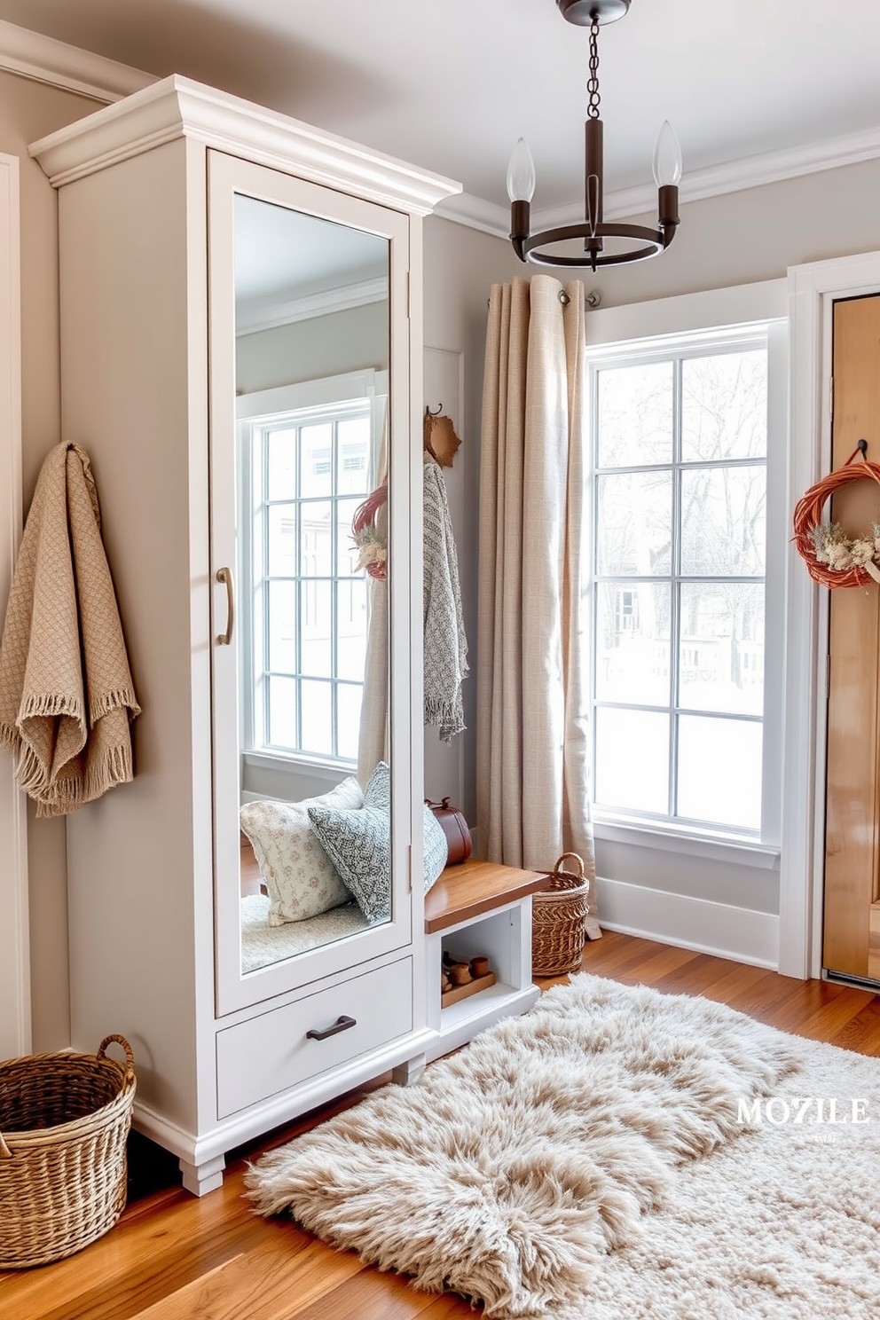 A functional mudroom table designed for essentials features a sturdy wooden top with ample surface space for organizing shoes and bags. Below the table, open shelving provides storage for baskets filled with winter gear, while hooks on the wall hold jackets and scarves, creating a warm and inviting entryway. Winter mudroom decorating ideas include a cozy color palette of deep blues and warm grays, accented with soft textiles like a plush area rug and knitted throw pillows. Seasonal decor such as pinecones and evergreen branches in a decorative bowl add a touch of nature, enhancing the welcoming atmosphere.