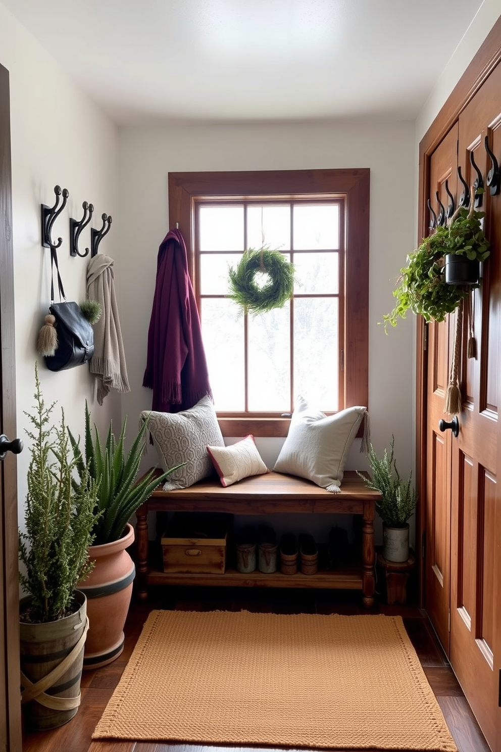 A cozy winter mudroom featuring potted winter plants that add a touch of greenery. The space includes a rustic bench with soft cushions, surrounded by decorative hooks for hanging coats and scarves. The floor is covered with a warm area rug that complements the earthy tones of the decor. Natural light filters in through a frosted window, creating a welcoming atmosphere for guests.