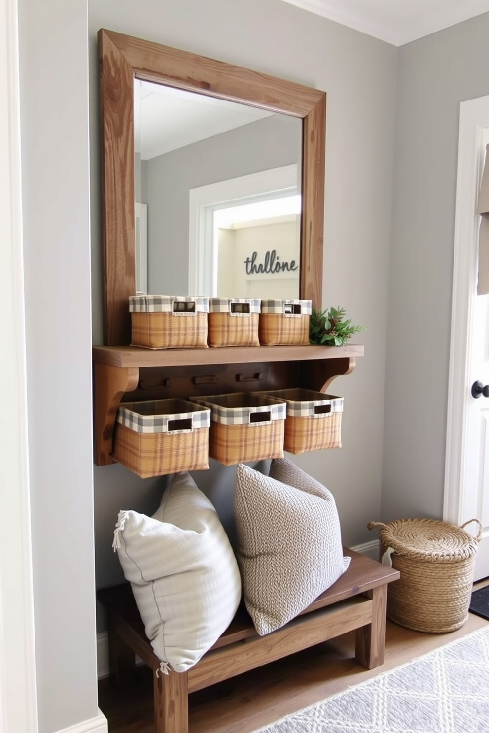 Decorative storage bins for small items are arranged neatly on a wooden shelf in a cozy winter mudroom. The bins are made of natural fibers and feature a subtle plaid pattern, adding warmth and texture to the space. A rustic bench sits below the shelf, adorned with soft, textured cushions in muted tones. The walls are painted a soft gray, and a large mirror with a distressed wooden frame reflects the inviting atmosphere of the room.