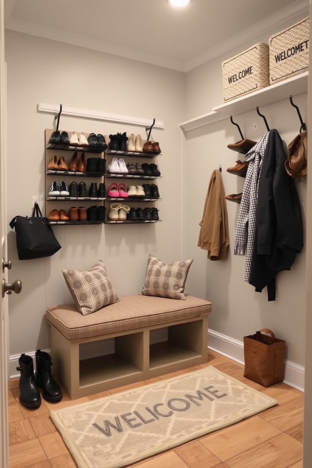 A winter mudroom featuring wall-mounted shoe racks for efficiency. The space is designed with a cozy bench upholstered in a warm fabric, surrounded by hooks for outerwear and a soft area rug to welcome guests.