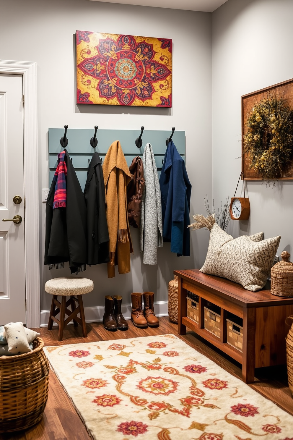 A cozy winter mudroom featuring personalized name tags for family organization. The space includes a wooden bench with soft cushions, and hooks above for coats and bags, each adorned with a unique name tag.