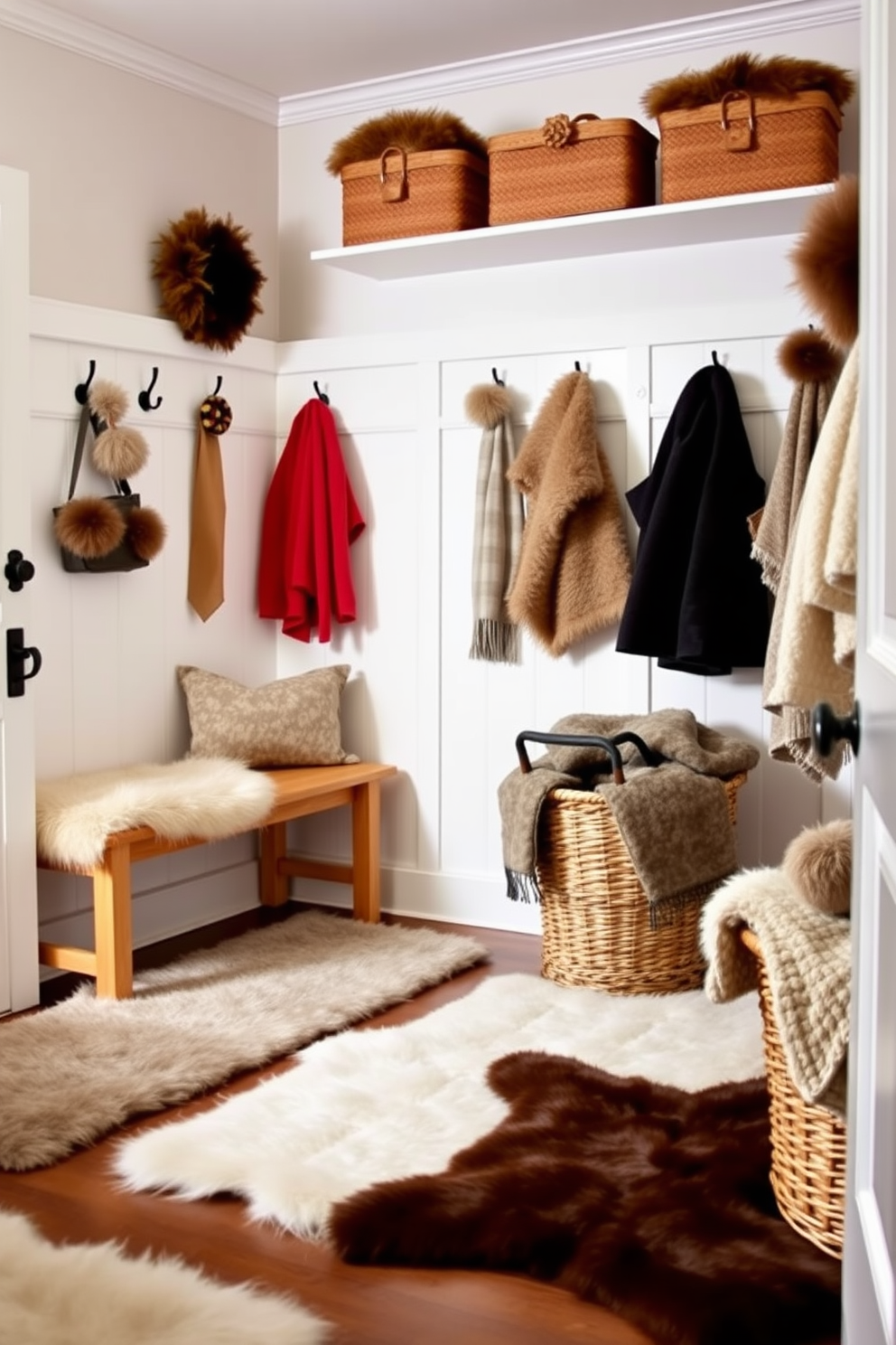 A winter mudroom decorated with faux fur accents creates a cozy and inviting atmosphere. The space features a warm wooden bench covered with a plush faux fur throw, while soft rugs with a fur texture line the floor. To the side, a series of hooks hold winter coats and accessories, each adorned with faux fur pom-poms for added charm. A decorative basket filled with faux fur blankets sits in one corner, enhancing the comfort and style of the room.