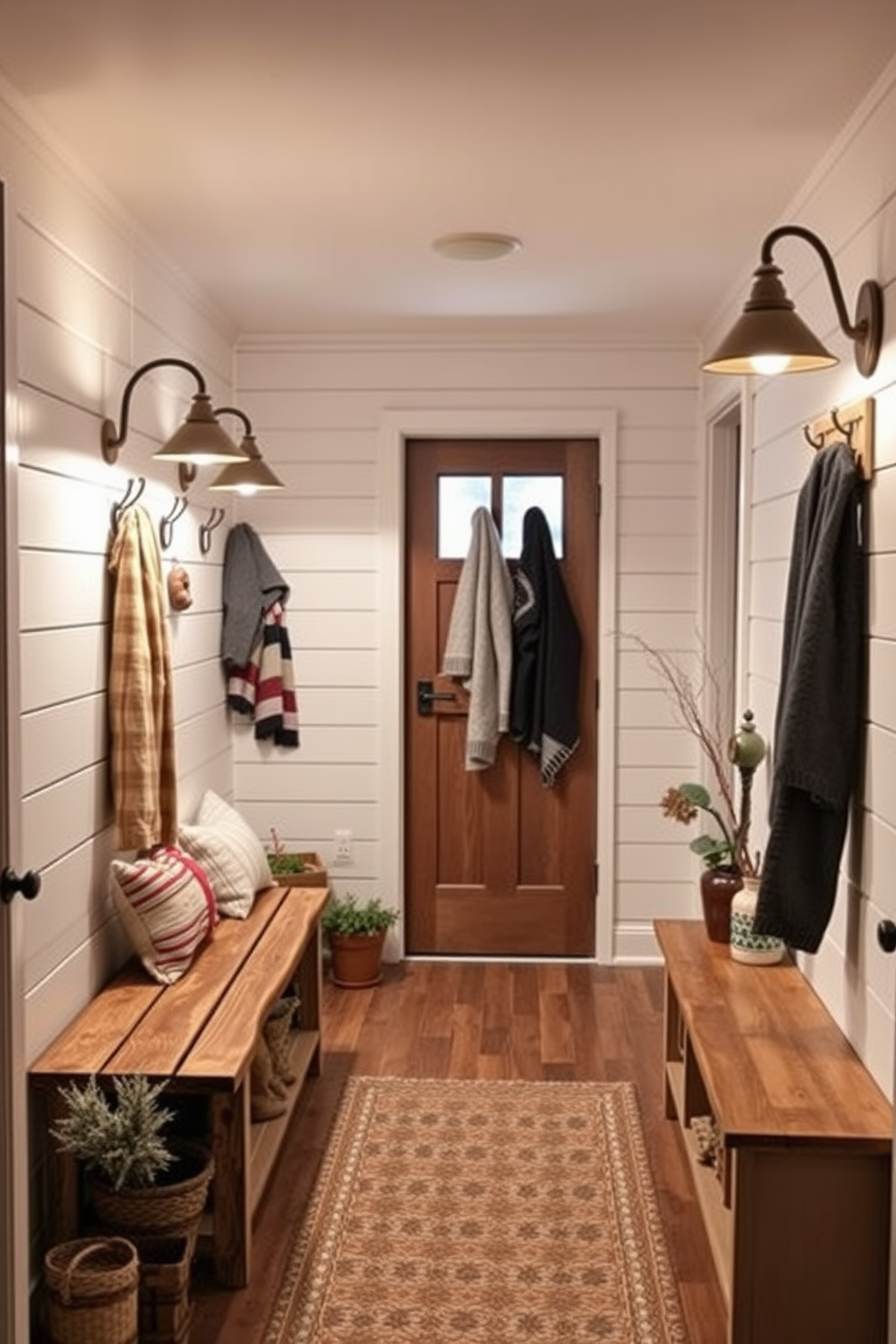 A cozy winter mudroom filled with warm lighting fixtures that create an inviting atmosphere. The walls are adorned with shiplap, and a rustic wooden bench is placed against one side, with hooks above for hanging coats and scarves. Soft, ambient lighting from pendant lamps illuminates the space, casting a gentle glow on the floor, which is covered in a durable, patterned rug. Potted plants and seasonal decor add a touch of warmth and personality, making the mudroom feel like a welcoming entryway.