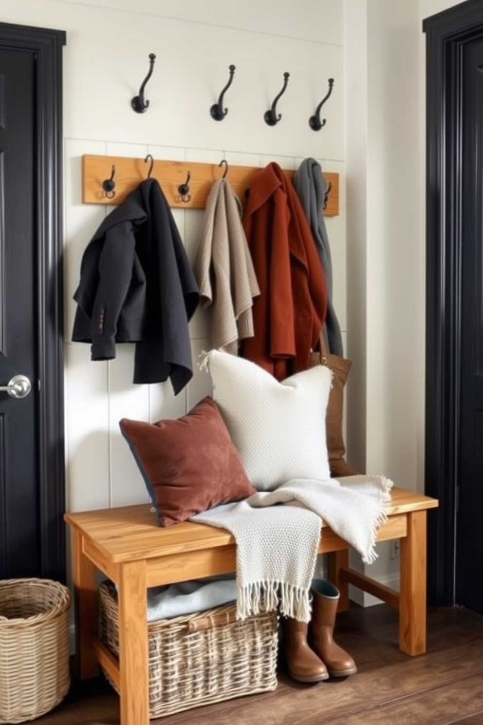 A classic wooden bench sits against the wall, adding a rustic touch to the winter mudroom. The bench is adorned with cozy throw pillows and a soft wool blanket, inviting warmth and comfort. Beside the bench, a series of hooks are mounted on the wall for hanging winter coats and accessories. A woven basket underneath provides storage for boots and outdoor gear, keeping the space organized and functional.