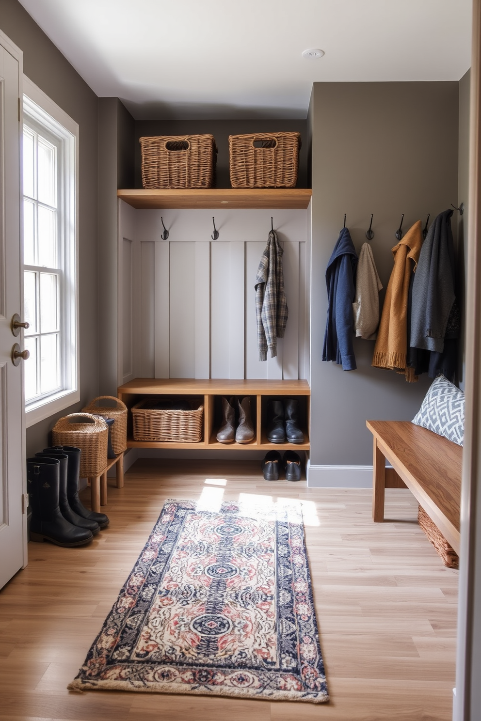 A stylish boot storage area features a row of woven baskets neatly arranged on a wooden shelf. The walls are painted in a warm gray tone, and a cozy rug lies on the floor, inviting guests to step in and remove their shoes. Incorporating hooks for coats and a bench for sitting adds functionality to the winter mudroom. Natural light streams in through a nearby window, enhancing the inviting atmosphere of this practical space.