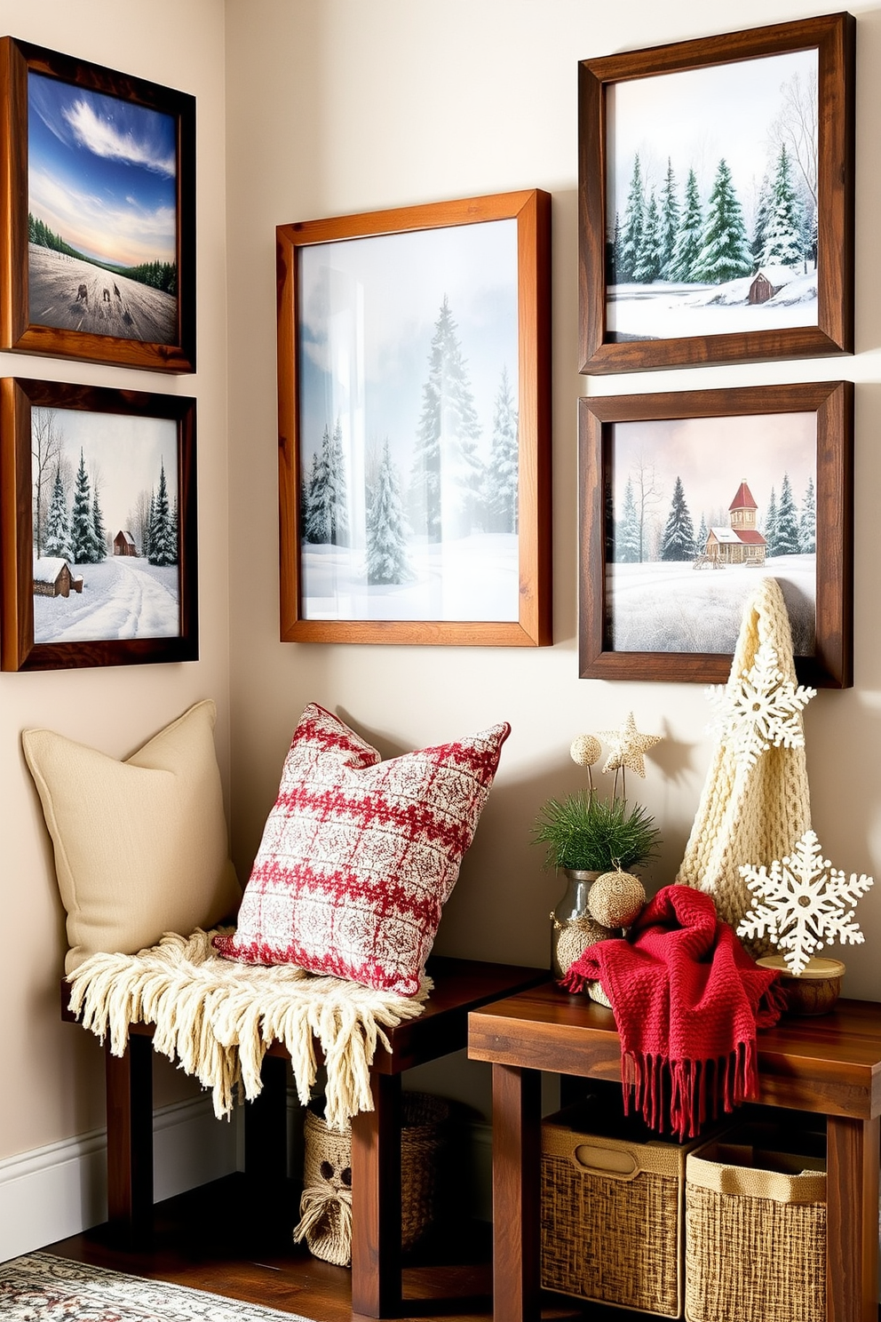 Seasonal art prints featuring winter landscapes and cozy holiday themes adorn the walls, bringing a festive spirit to the space. The prints are framed in rustic wood, complementing the warm tones of the mudroom. The mudroom is decorated with a combination of functional storage solutions and seasonal decor. A bench with plush cushions sits against the wall, while a collection of winter-themed accessories like knitted throws and decorative snowflakes adds a cheerful touch.