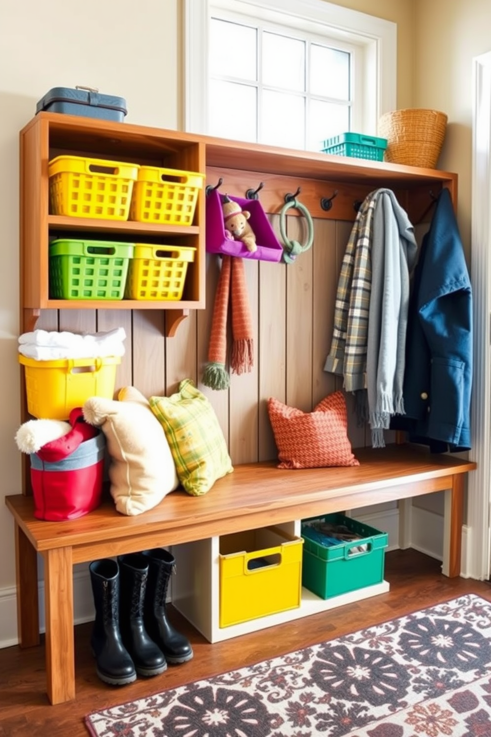 Colorful baskets in various sizes are arranged on a wooden shelf, adding a vibrant touch to the space. The mudroom features a cozy bench with plush cushions, perfect for putting on boots, while hooks above hold winter coats and scarves. A patterned rug lies on the floor, enhancing the playful atmosphere of the room. Natural light streams in through a frosted window, illuminating the cheerful decor and creating an inviting entryway.