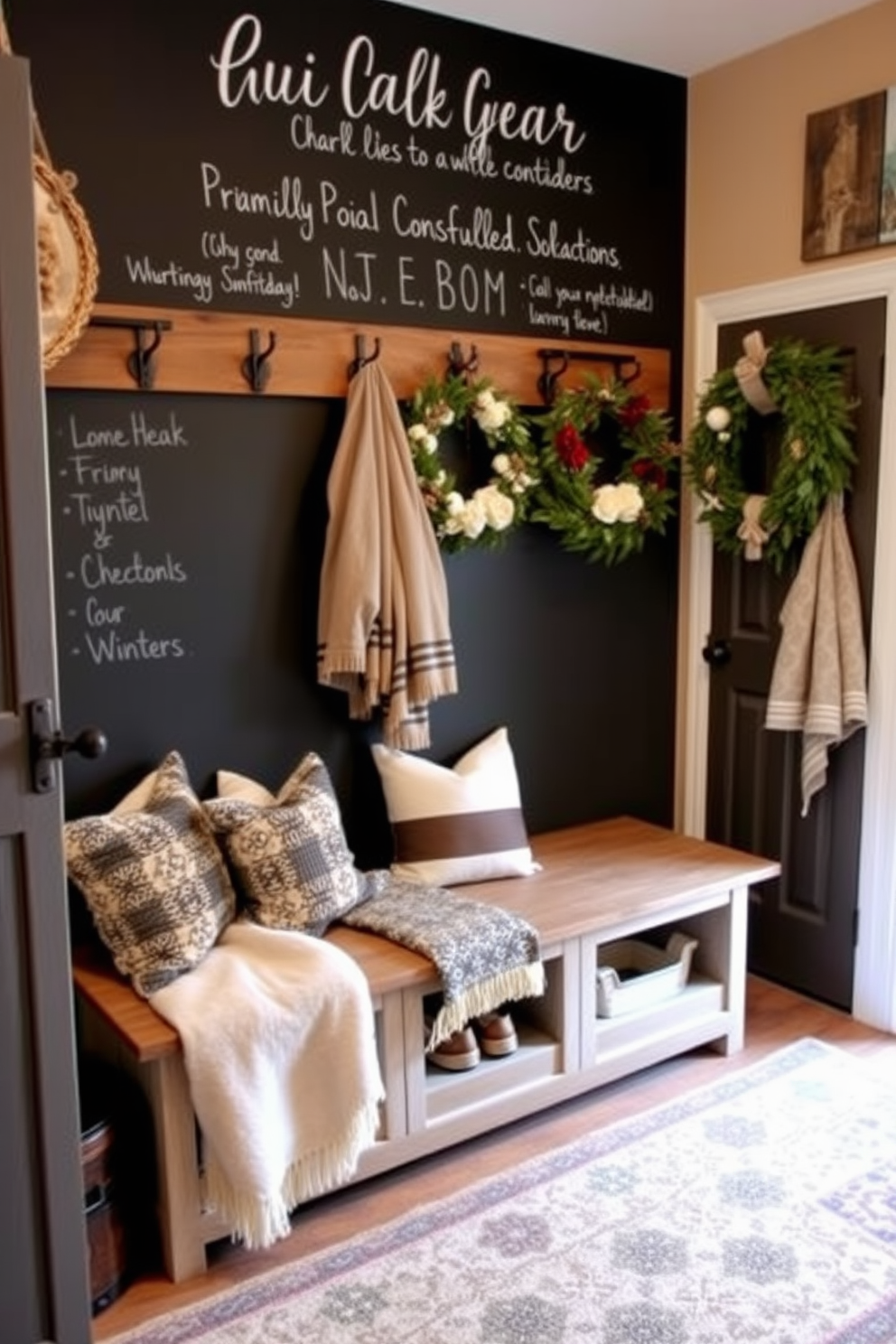 A cozy winter mudroom features textured wall panels that add depth and warmth to the space. The floor is covered in a soft, durable rug, and there are hooks on the wall for hanging coats and scarves.