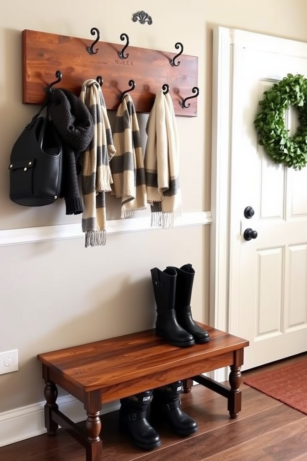 A stylish coat rack with vintage appeal stands prominently in the winter mudroom. The rack is crafted from reclaimed wood, featuring ornate hooks for hanging coats and scarves, while a charming bench below provides a place to sit and remove boots.