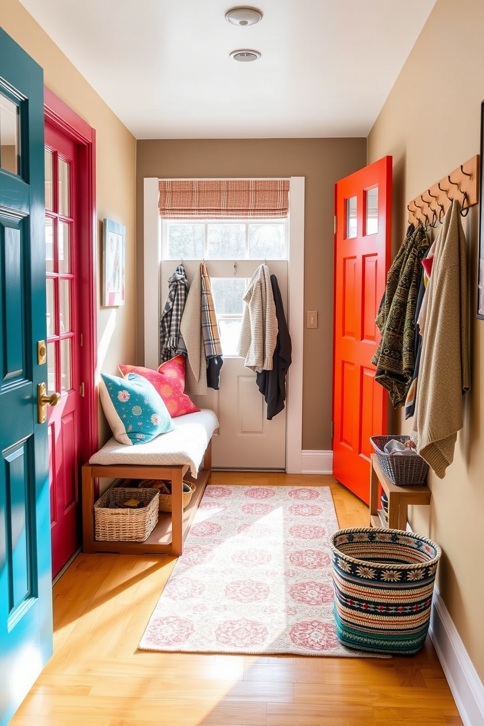 A brightly colored door welcomes guests with a cheerful pop of color. The entryway features a cozy bench adorned with colorful throw pillows and a patterned rug that adds warmth. The winter mudroom is designed with functional storage solutions, including hooks for coats and baskets for shoes. A large window allows natural light to flood the space, highlighting the playful decor and inviting atmosphere.