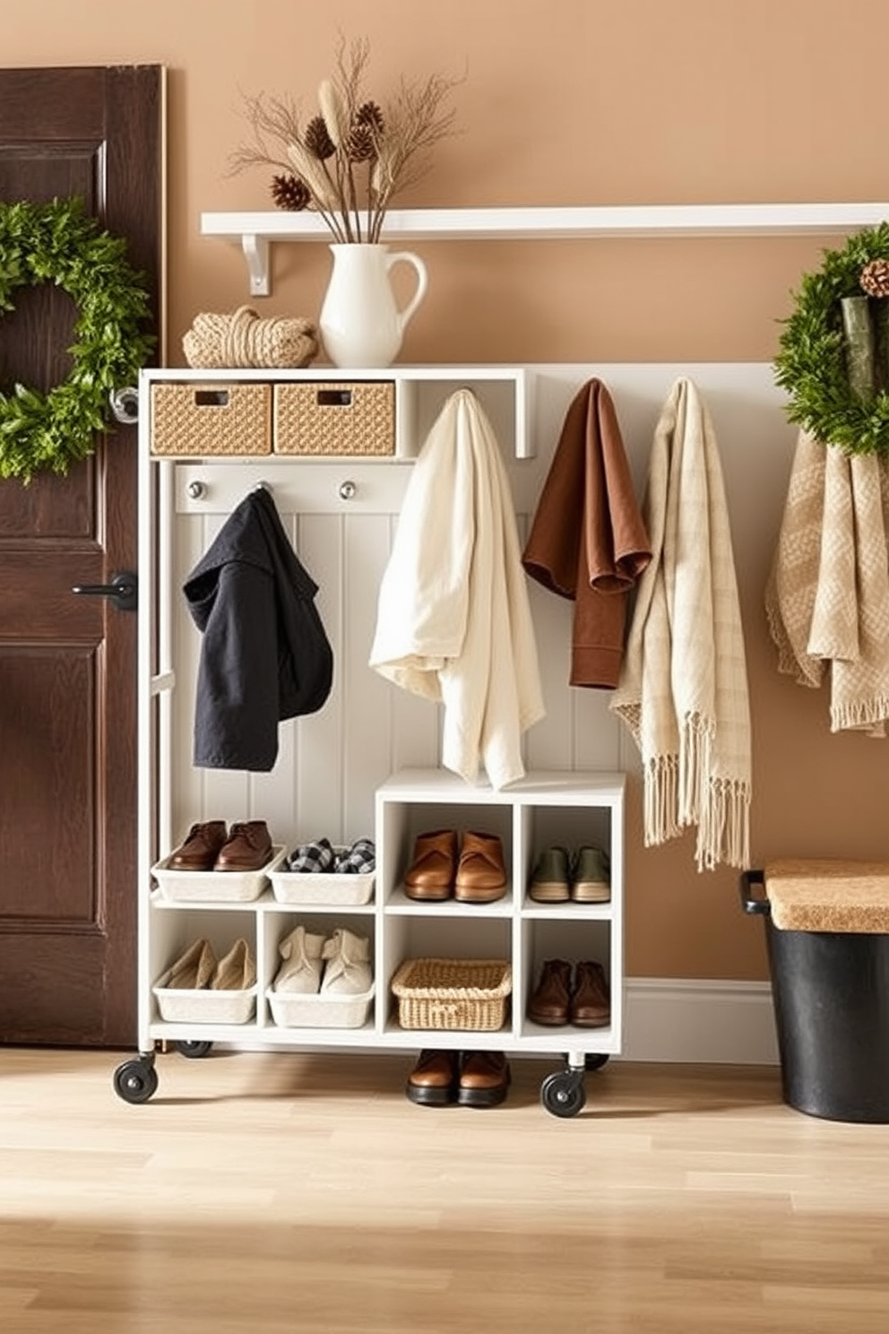 A functional mudroom cart designed for mobility features a sturdy frame with wheels for easy movement. It includes multiple compartments for storing shoes, jackets, and accessories, ensuring an organized and efficient space. Winter mudroom decorating ideas incorporate cozy elements such as a warm color palette and textured fabrics. Add seasonal decor like pinecone arrangements and soft throws to create a welcoming atmosphere.