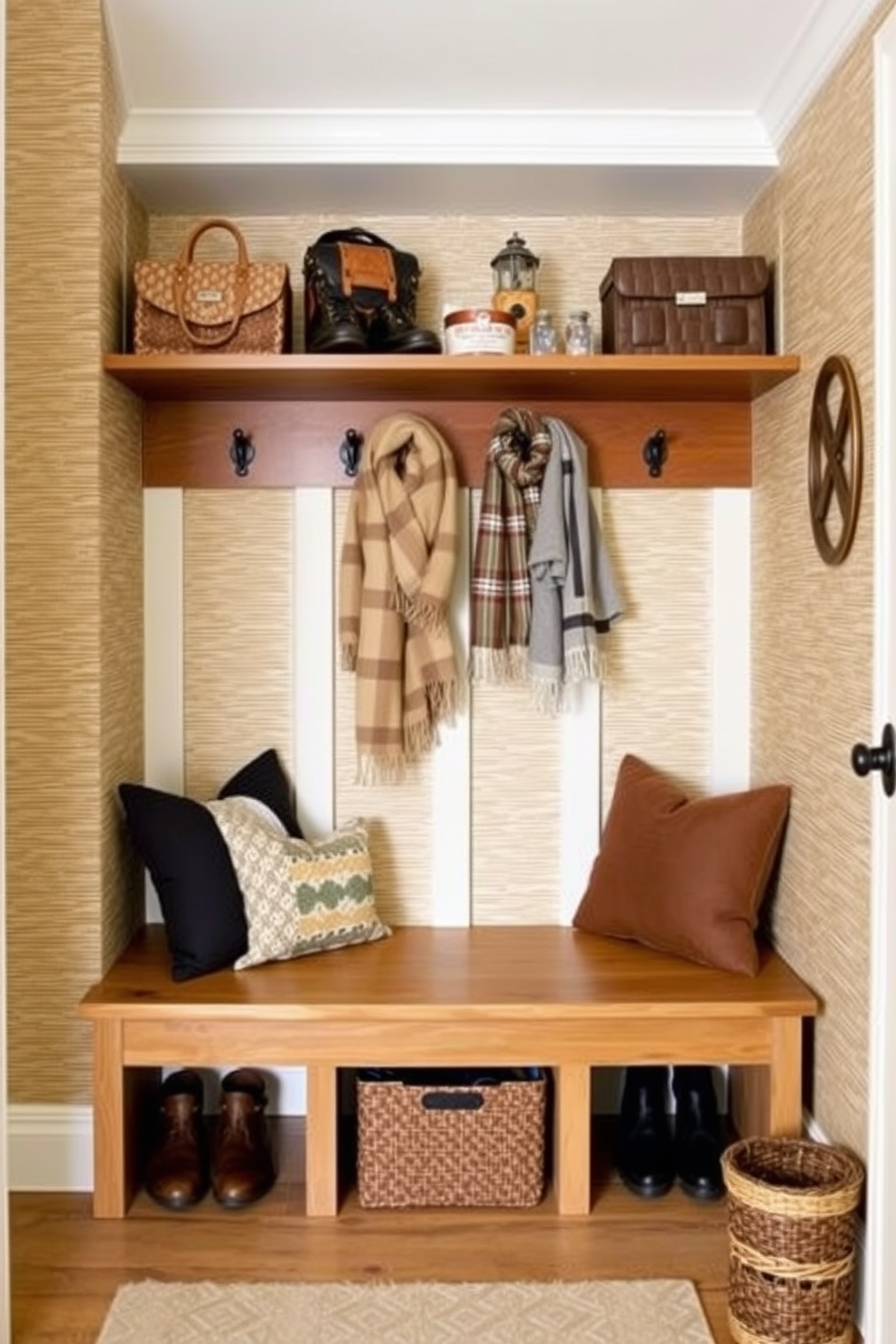 A cozy winter mudroom features textured wallpaper that adds depth and interest to the space. The walls are adorned with a warm, neutral pattern that complements the wooden bench and hooks for coats and scarves.