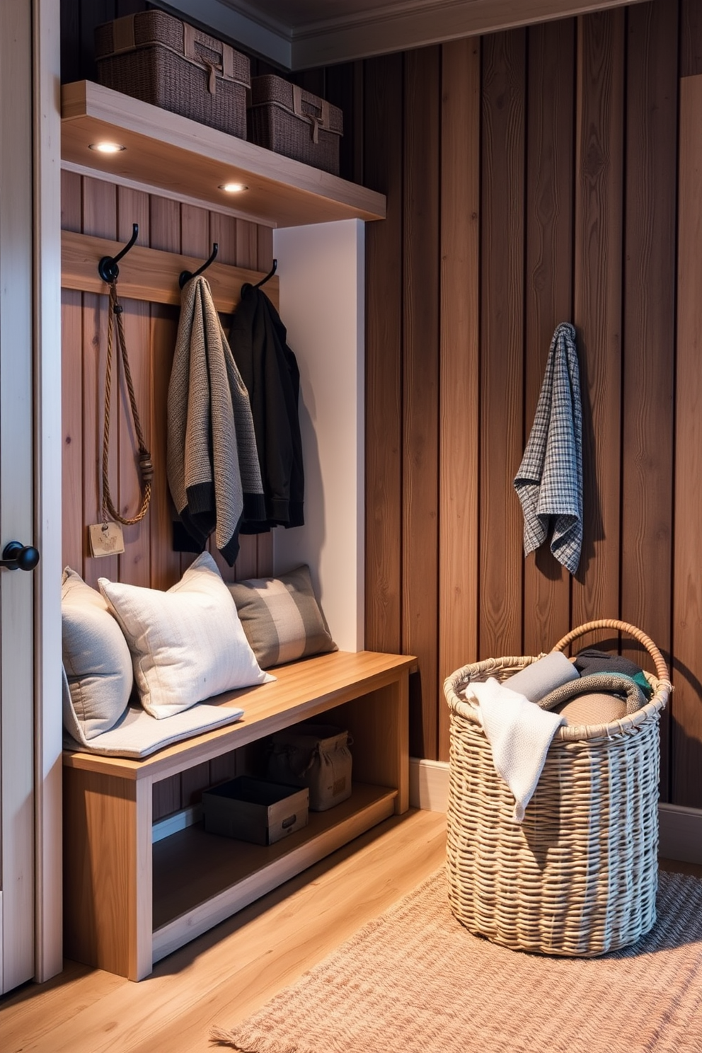 A cozy winter mudroom filled with natural wood accents for warmth. The space features a wooden bench with plush cushions and hooks for hanging winter coats. Soft, inviting lighting illuminates the room, highlighting the textured wood paneling on the walls. A woven basket sits in the corner, filled with cozy blankets and winter accessories.