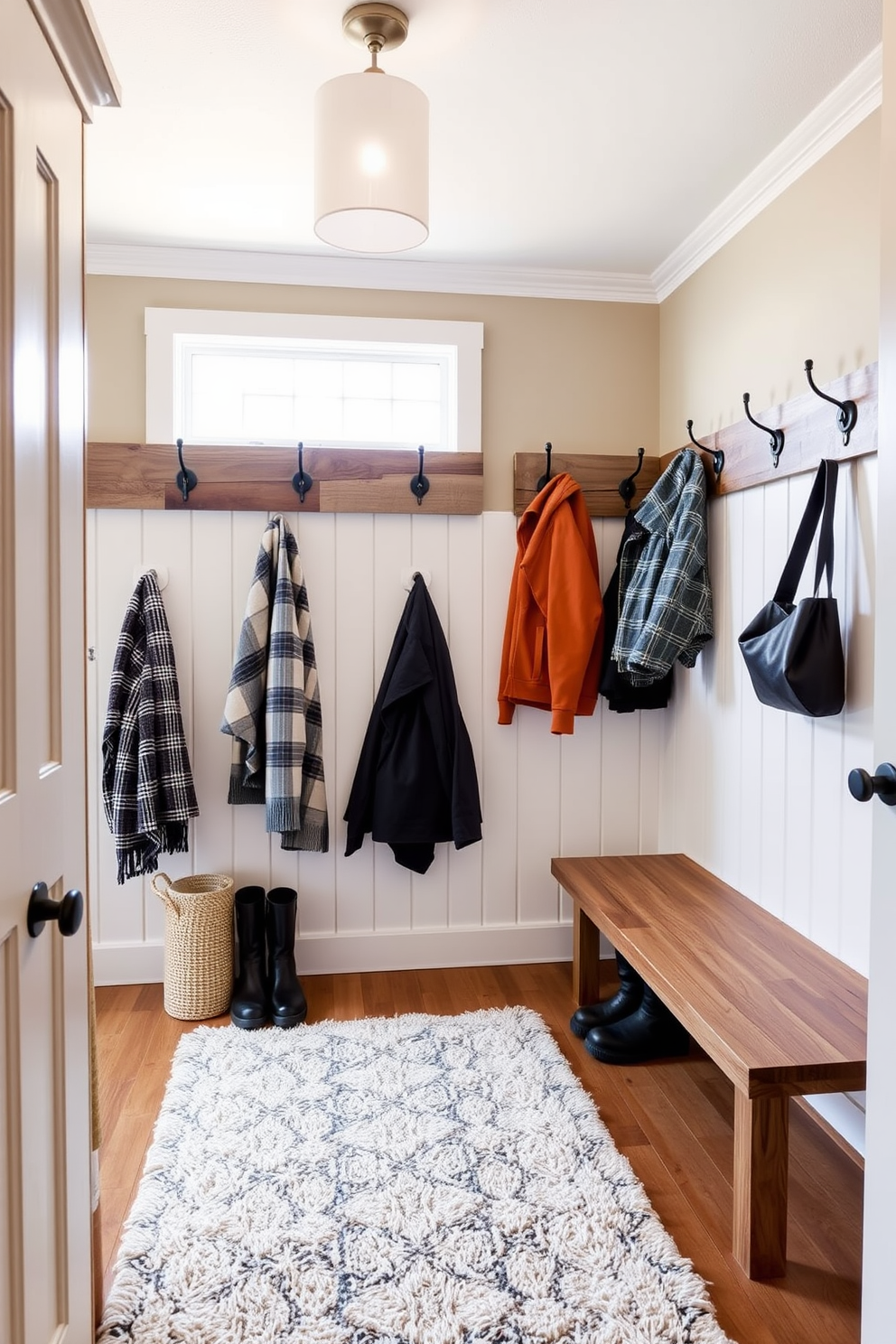 A cozy winter mudroom featuring wall hooks made from reclaimed wood for easy coat access. The space is adorned with a warm color palette, complemented by a plush area rug and inviting seating for removing boots.