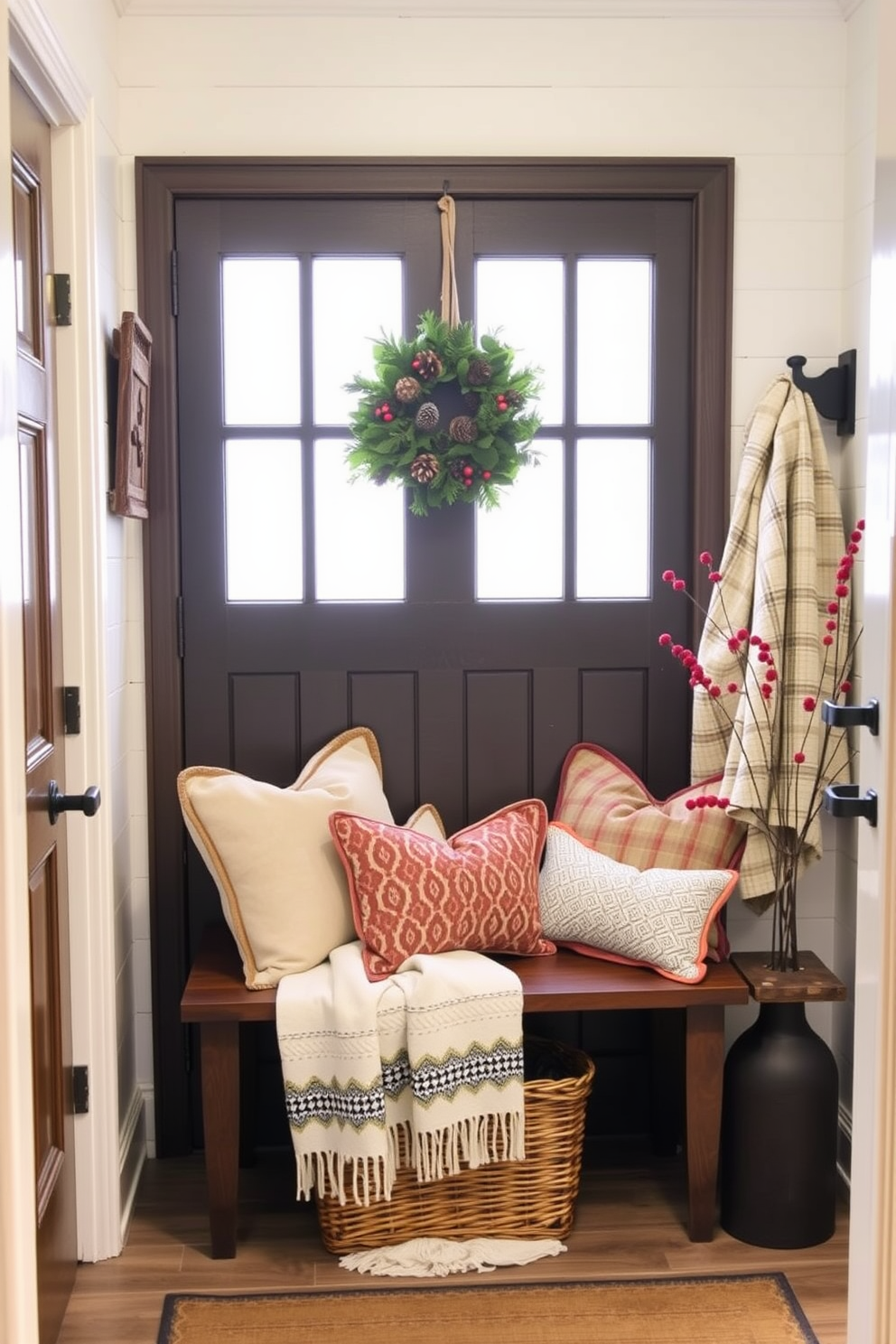 A charming winter mudroom features a seasonal wreath adorned with pinecones and red berries hanging on the door. Inside, a cozy bench is lined with soft blankets and decorative pillows, creating a welcoming space for guests.