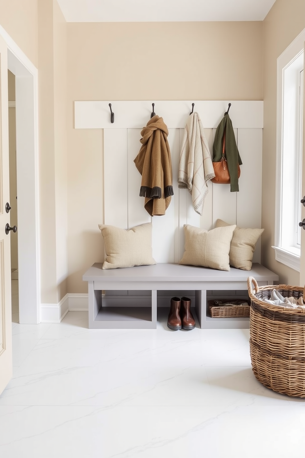 A cozy winter mudroom features an array of stylish wall hooks arranged at varying heights for easy coat access. The space is adorned with warm textiles and a neutral color palette, creating an inviting atmosphere for guests.