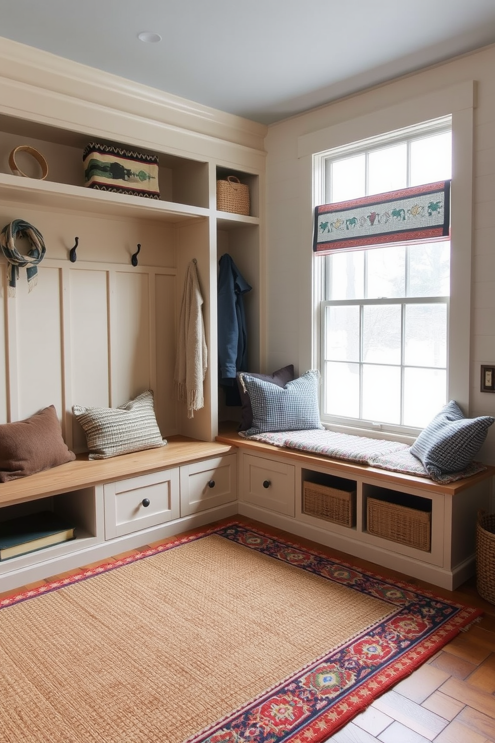 Layered rugs add depth and comfort to a winter mudroom. The space features a combination of a large jute rug underneath and a colorful patterned rug on top, creating a cozy and inviting atmosphere. The mudroom is equipped with built-in storage benches and hooks for coats and scarves. Natural light streams in through a frosted window, illuminating the warm wood tones and soft textiles.