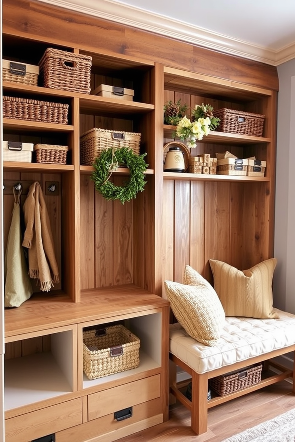 A cozy winter mudroom features mirrored accents that enhance light reflection and create a bright atmosphere. The space includes a bench with plush cushions, and hooks for hanging winter coats line the walls. Soft, neutral tones dominate the color palette, while a patterned rug adds warmth underfoot. Decorative elements such as potted plants and a stylish mirror enhance the inviting feel of the room.