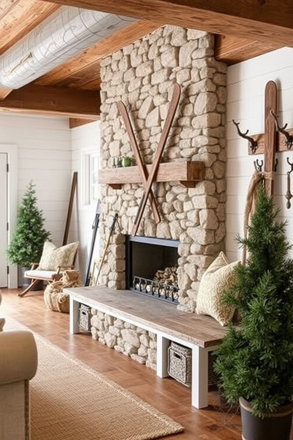 Vintage ski decor for winter charm. Imagine a cozy living room featuring rustic wooden beams and a stone fireplace adorned with vintage ski equipment, including crossed skis and old wooden poles. Winter mudroom decorating ideas. Envision a functional mudroom with shiplap walls painted in a soft white, complete with a bench made from reclaimed wood and hooks for hanging winter gear, accented by a warm wool rug and potted evergreen plants.