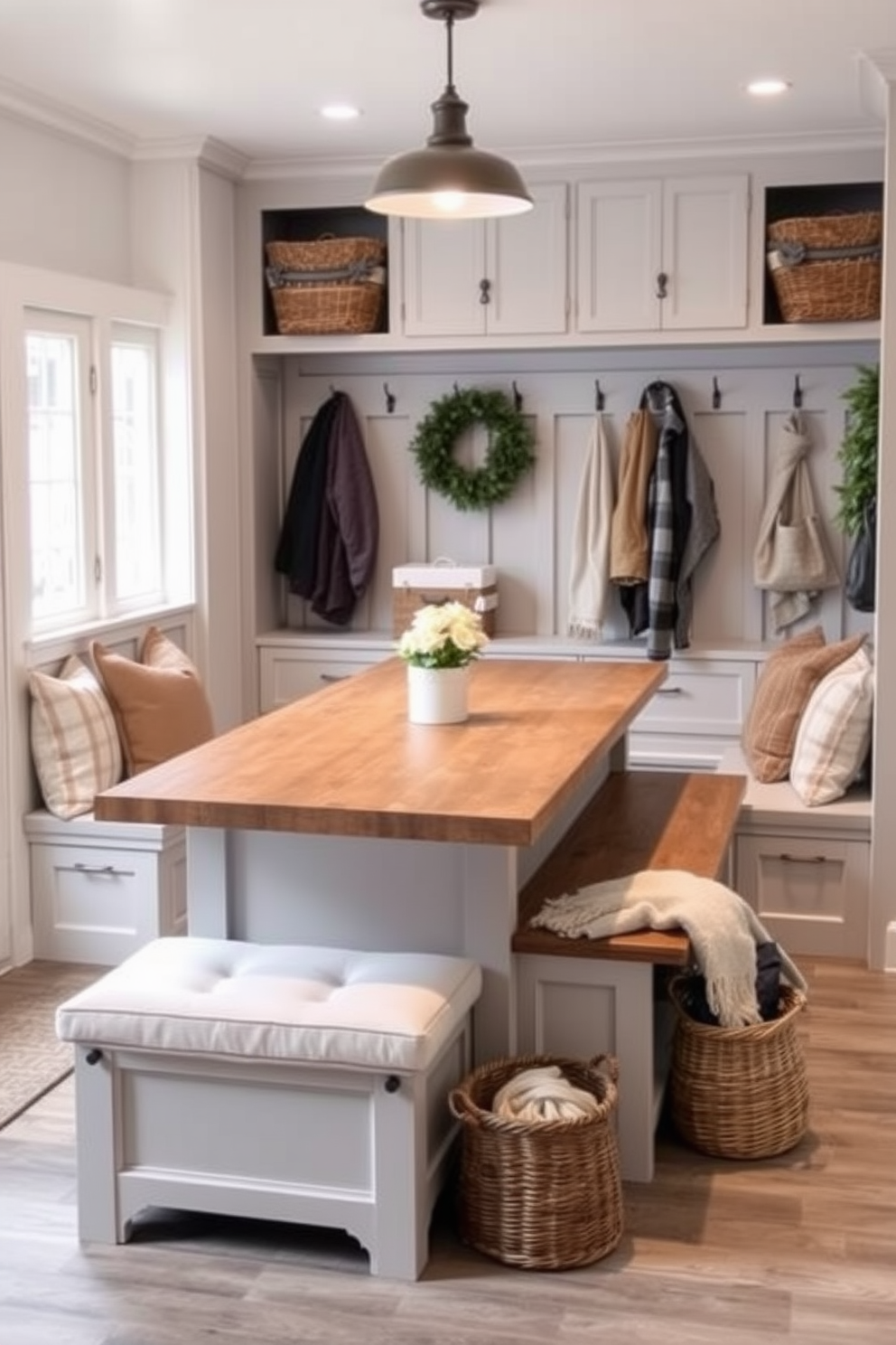 Bright lighting fixtures enhance visibility in a winter mudroom. Consider pendant lights with a warm glow and wall sconces that illuminate the space effectively. Incorporate functional storage solutions like built-in benches and cubbies. Use a color palette of soft grays and whites to create a cozy yet stylish atmosphere.