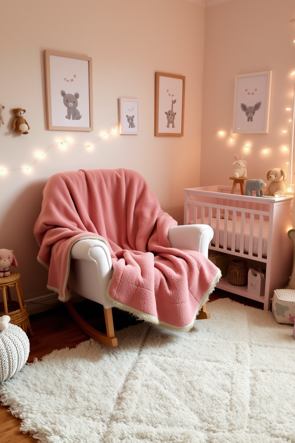 A warm and inviting nursery filled with soft textures and gentle colors. Cozy fleece blankets are draped over a plush rocking chair, inviting parents to snuggle with their little ones. The walls are painted in a soothing pastel hue, and whimsical animal prints adorn the decor. A soft area rug lies on the floor, providing a comfortable space for playtime, while twinkling fairy lights add a magical touch to the atmosphere.